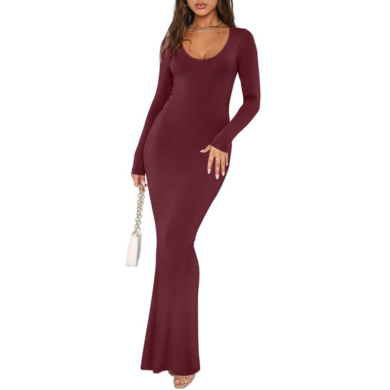 REORIA Tiktokshopbacktoschool Mother'S Day Gift Women'S Sexy Scoop Neck Long Sleeve Lounge Long Dress Summer Outdoorfun Ribbed Bodycon Maxi Dresses Fall Winter Layer Casual Fabric